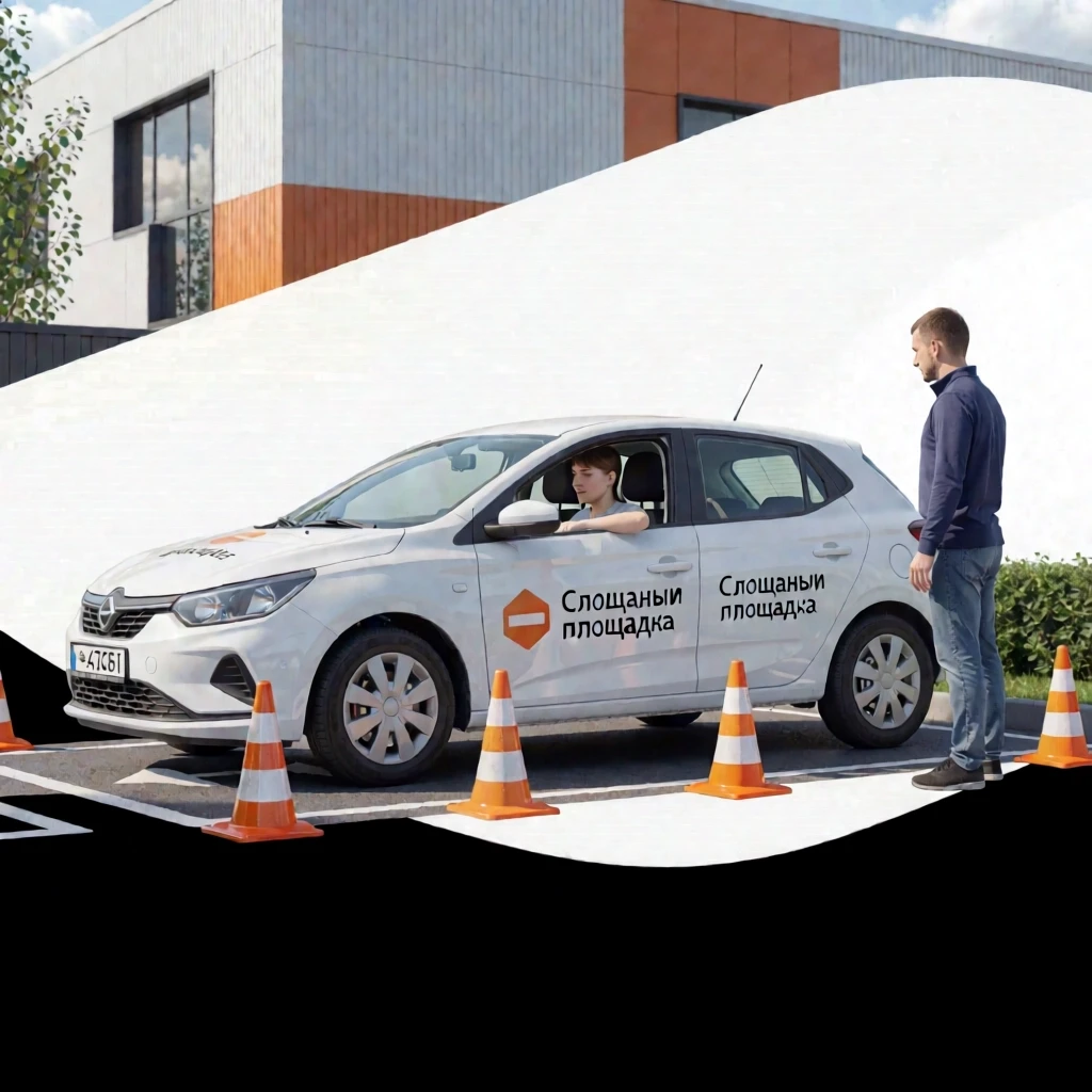 Driving school student practicing parking on a modern training площадка. White driving school car, traffic cones, instructor observing nearby. Clean environment, sunny weather,…