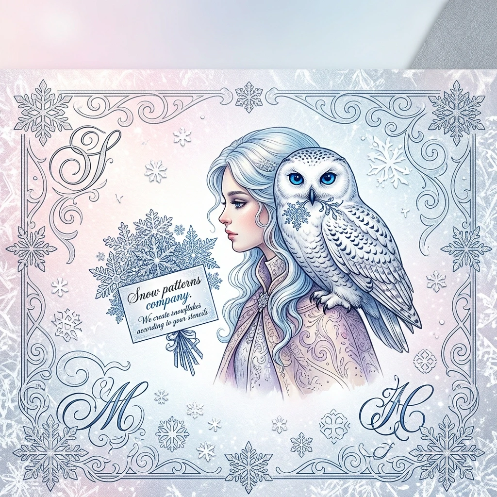 ((Business card, size 90 by 50 mm)) (Background of the paper): pinkish‑white, blue‑white, silver‑white, silver‑pearl, (with a winter ornament, spirals, vignettes and monograms…