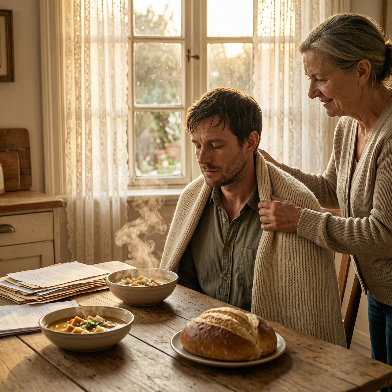 Cinematic photorealistic shot, emotional storytelling photography. A man in his late 20s, looking weary but deeply relieved, sits in a sun-drenched, cozy kitchen, resting in a…