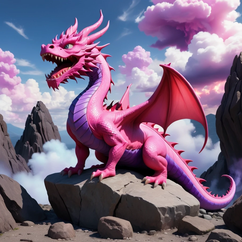 A pink dragon sitting on a rock. create a background: pink, lilac, purple, and blue clouds. a red and black flame comes out of its mouth — работа пользователя Таинственная Инерция