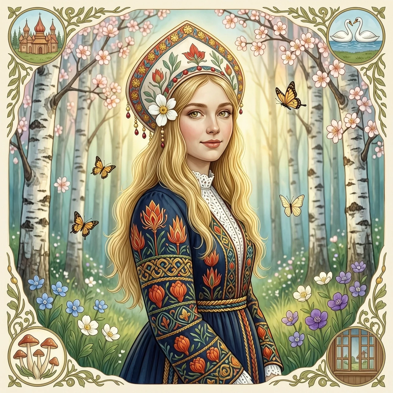 Russian Russians: A detailed portrait of a young woman of Slavic appearance from the 16th century in a traditional long Russian sundress and a traditional Russian cocoanut…