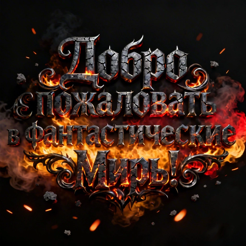 Cinematic glowing charred obsidian and smoldering coal title text in Russian: "Добро пожаловать в фантастические миры!" with intricate gothic-inspired, flame-twisted…