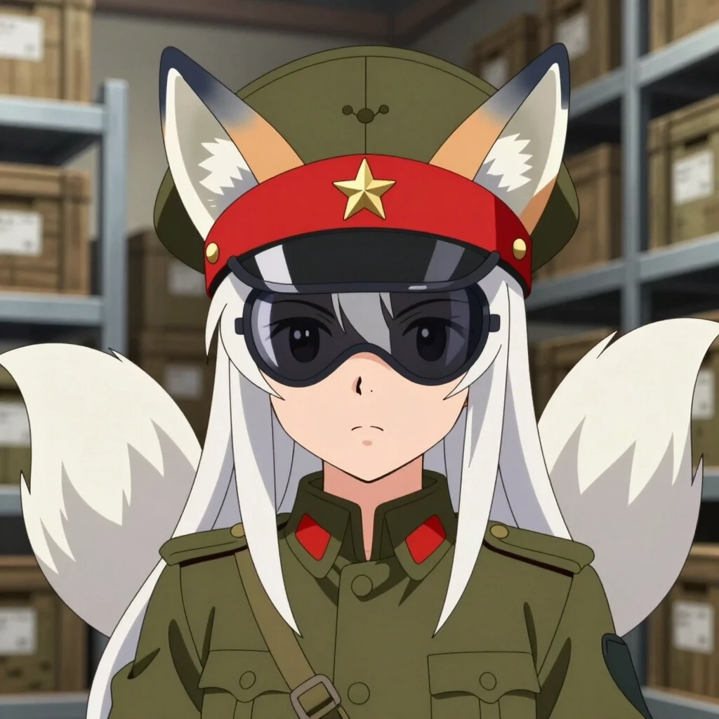 High-quality 2D anime illustration, a beautiful Kumiho anime-girl wearing a strict ((khaki olive-green Soviet military peaked hat with a stiff red band, black shiny plastic…