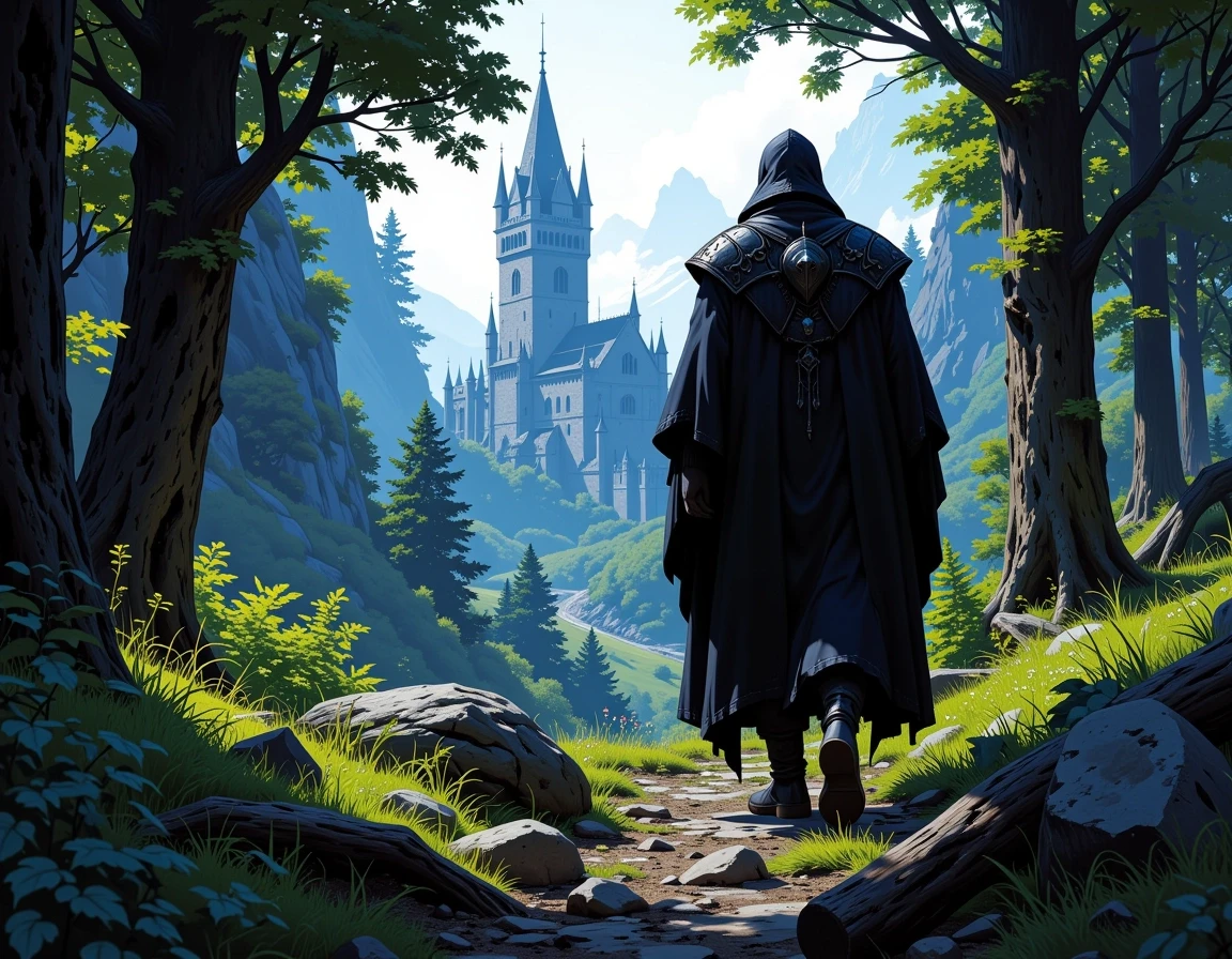 A character from the game Gothic 2 walks through the forest, with Khorinis Castle visible in the distance, A long adventure awaits him. — работа пользователя Кисть художника