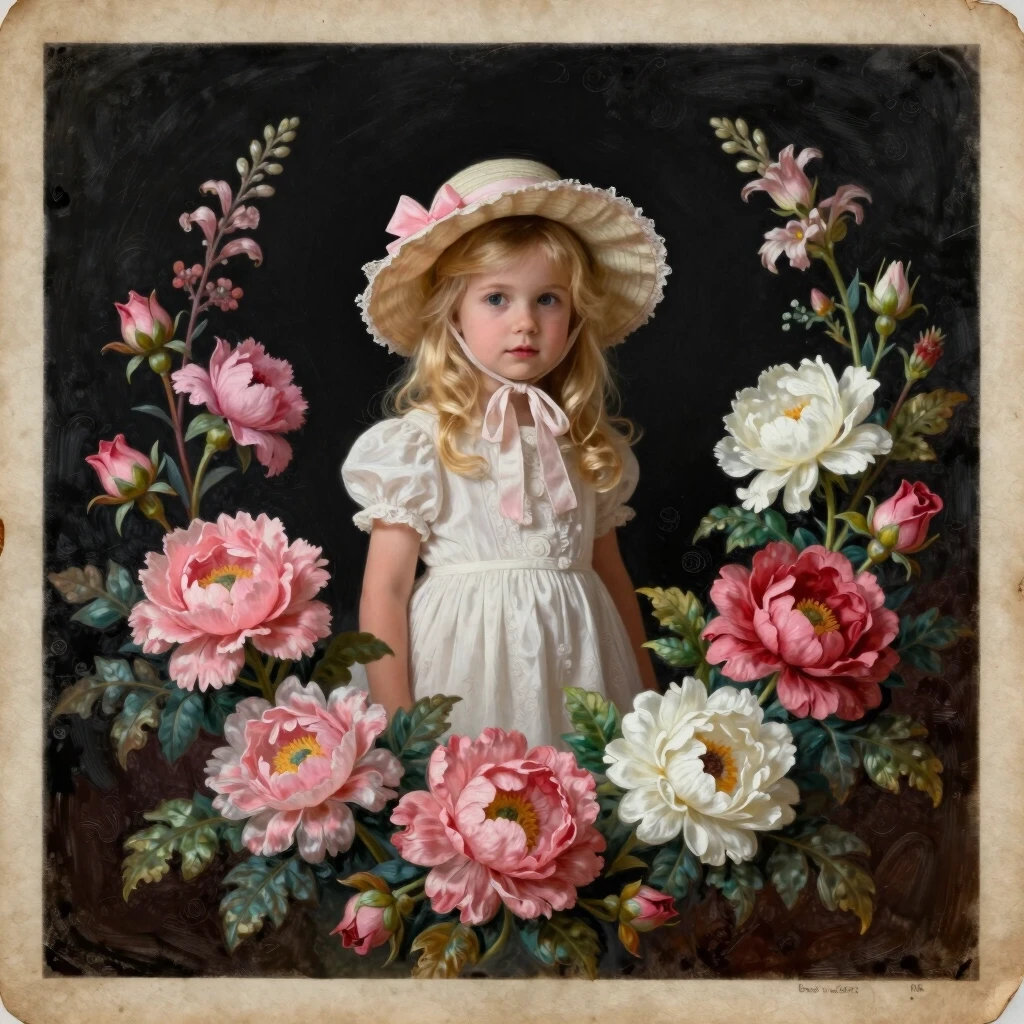 21century, beautiful, vibrant flowers, lovely pink white flowers, baby girl with hat, 5 old year, blonde hair, white dress, oil painting, charming rustic, vintage feel to it,…