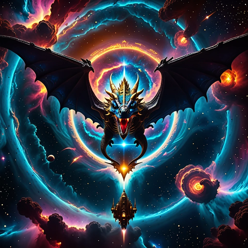 A massive ancient spaceship with glowing blue engines and golden gothic ornaments is flying directly into the heart of a vibrant, swirling nebula. The nebula looks like a cosmic…