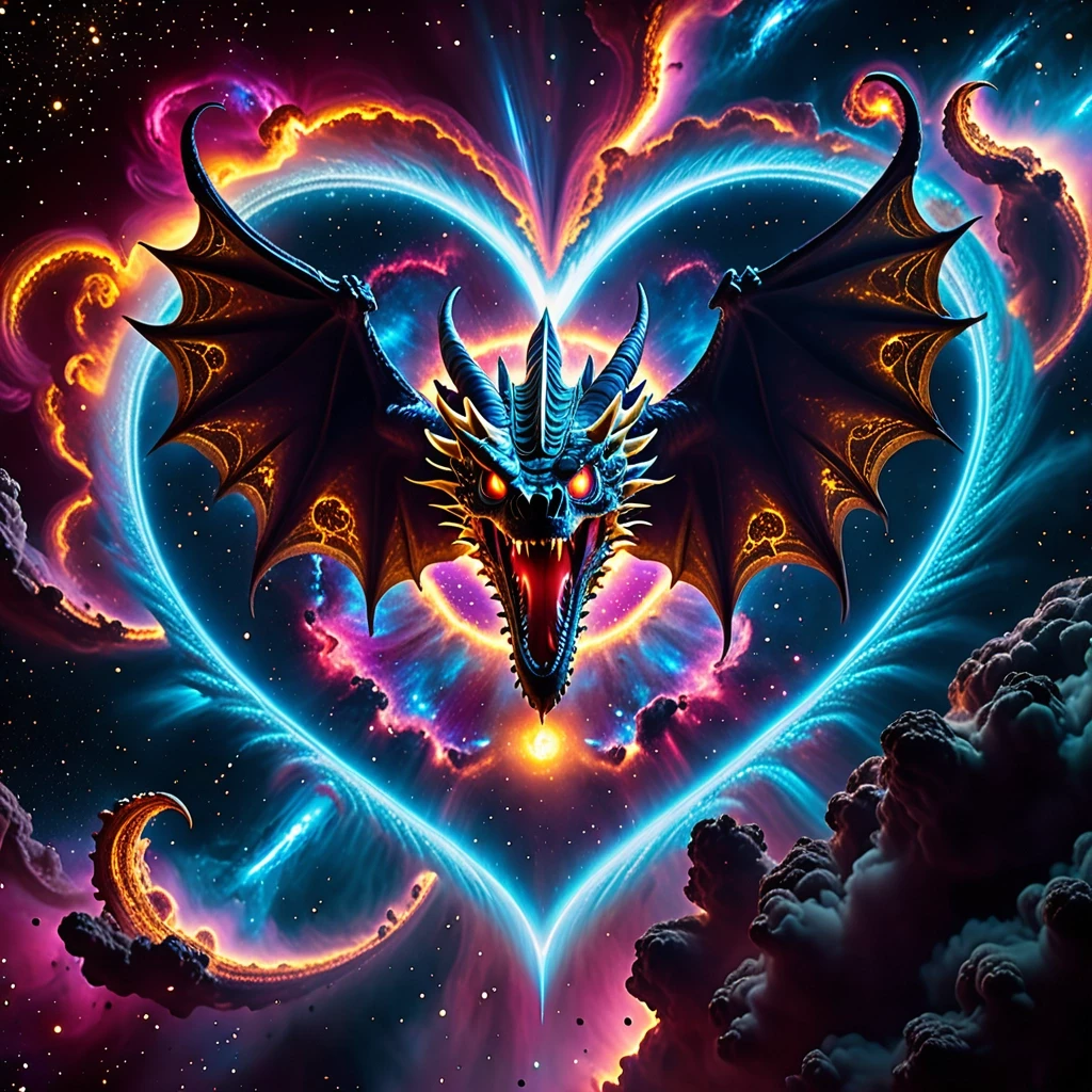 A massive ancient spaceship with glowing blue engines and golden gothic ornaments is flying directly into the heart of a vibrant, swirling nebula. The nebula looks like a cosmic…