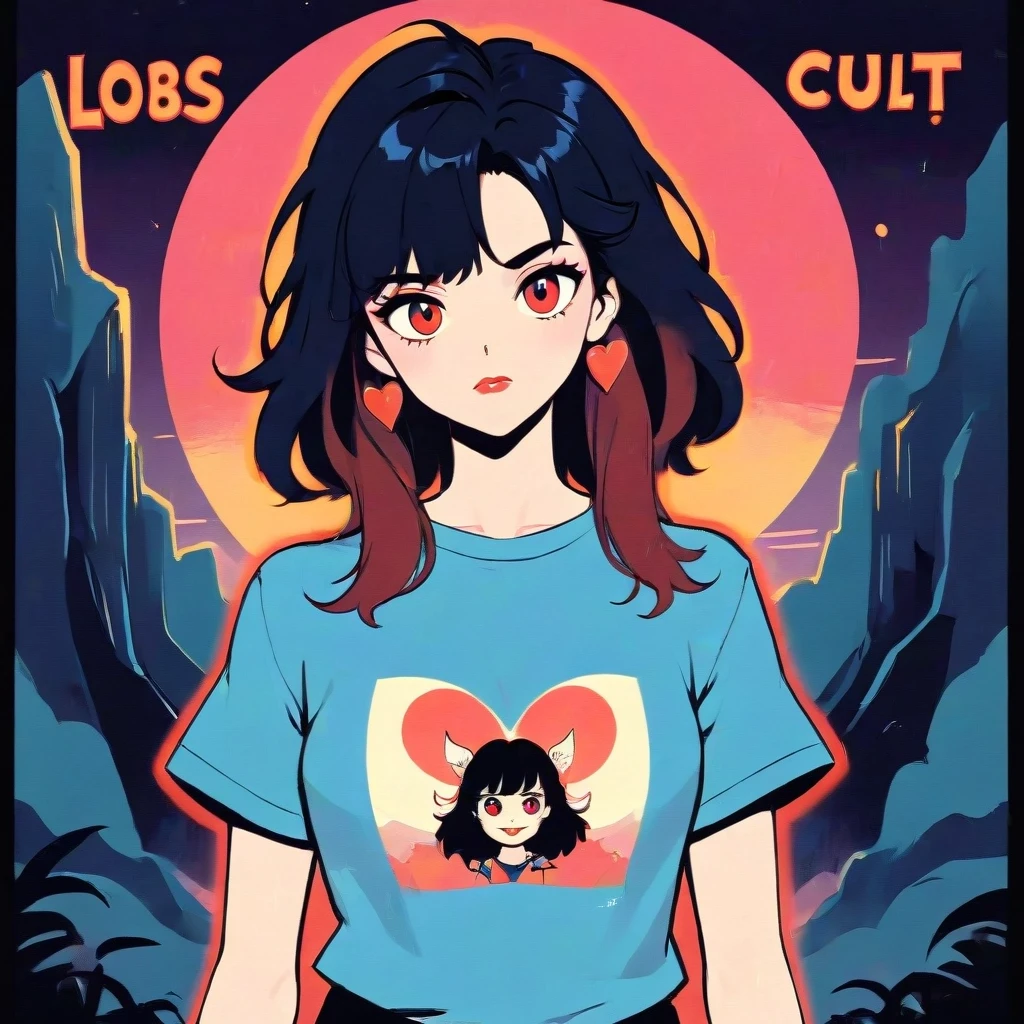 Retro 1980s dark fantasy cartoon illustration, cult t-shirt graphic style. Flat frontal lighting, bold outlines, reduced color palette, minimal shading, subtle grain,…