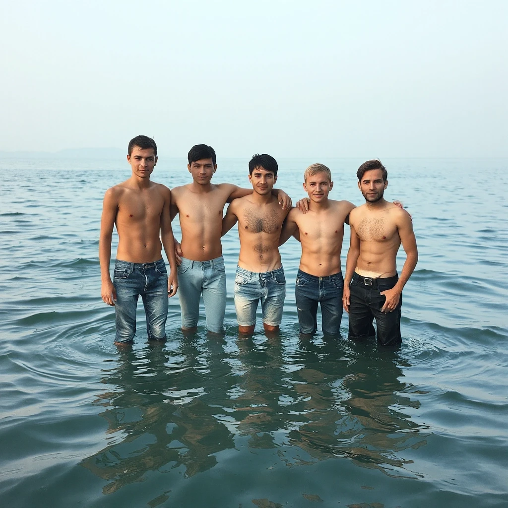 18-years-old guys in wet light-blue denim leggings are standing in deep water — работа пользователя Грозовой Химик