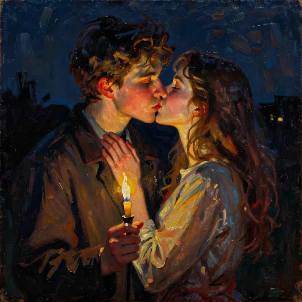 Oil painting, romance, first kiss, a 20-year-old boy and an 18-year-old girl, night, lighting like from a candle or torch, dark background, Daniel Gerhartz style — работа…