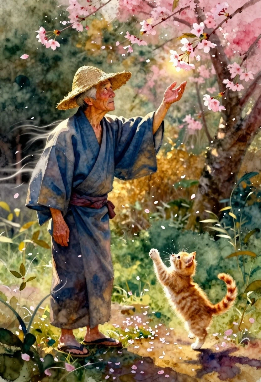 Digital painting style, oil and watercolor blend, rich deep colors with visible brushstrokes and soft edges. An elderly gardener in a worn straw hat and faded blue kimono stands…