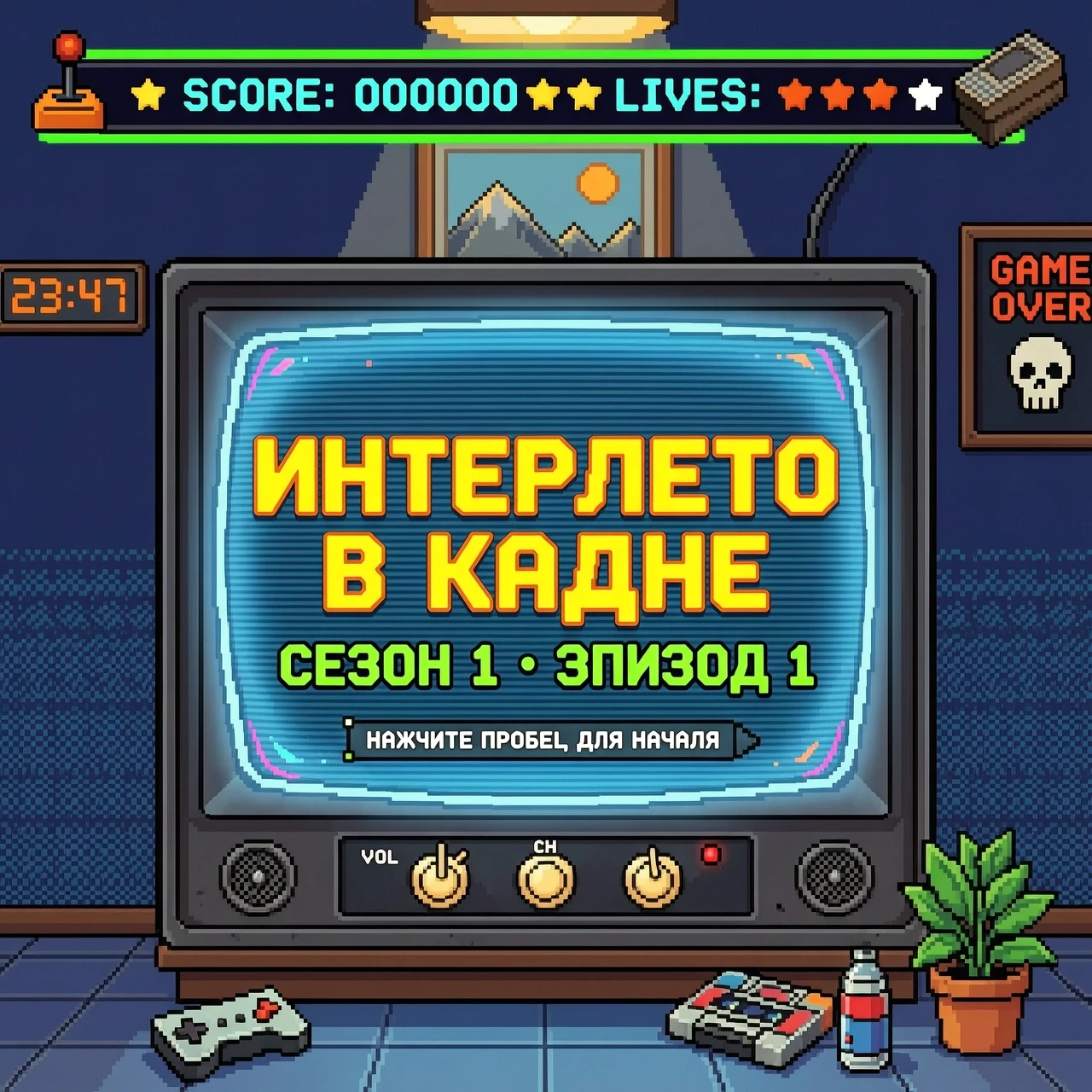 постер с надписью "ИНТЕРЛЕТО В КАДРЕ", стиль 8битных игр, надпись на экране телевизора — работа пользователя Соблазнительная Колдунья