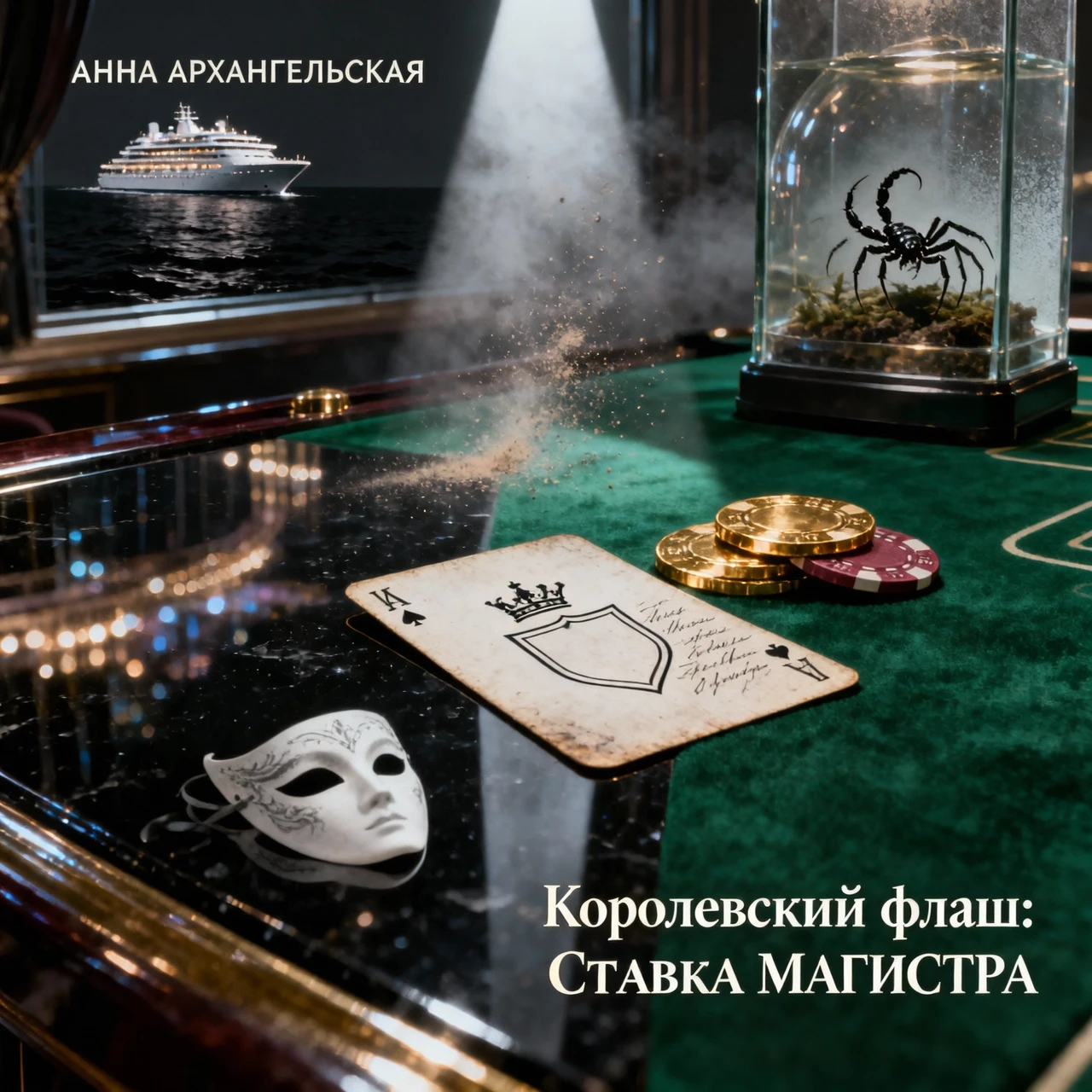Premium A5 book cover for a detective thriller, vertical orientation. Cinematic realism, hyper-detailed photorealism. Composition: A macro close-up shot of a professional poker…