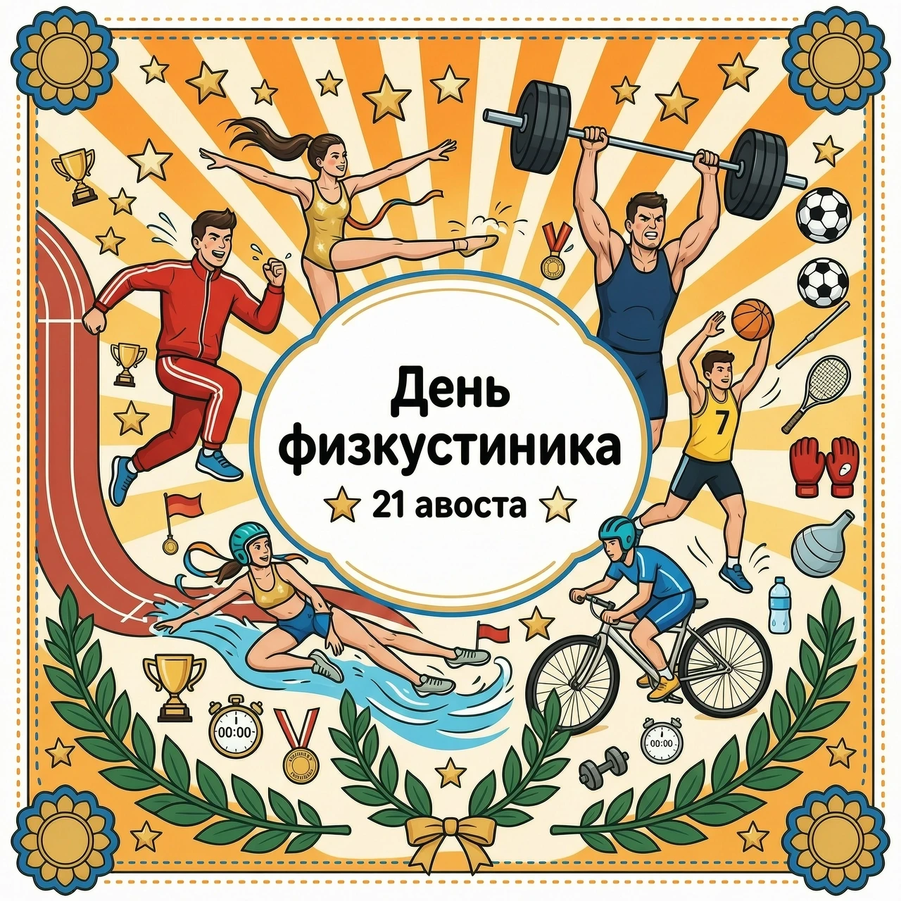 Нарисуй красивый рисунок на тему День физкультурника, оставь по центру свободное место для текста. — работа пользователя Новаторская Стрела