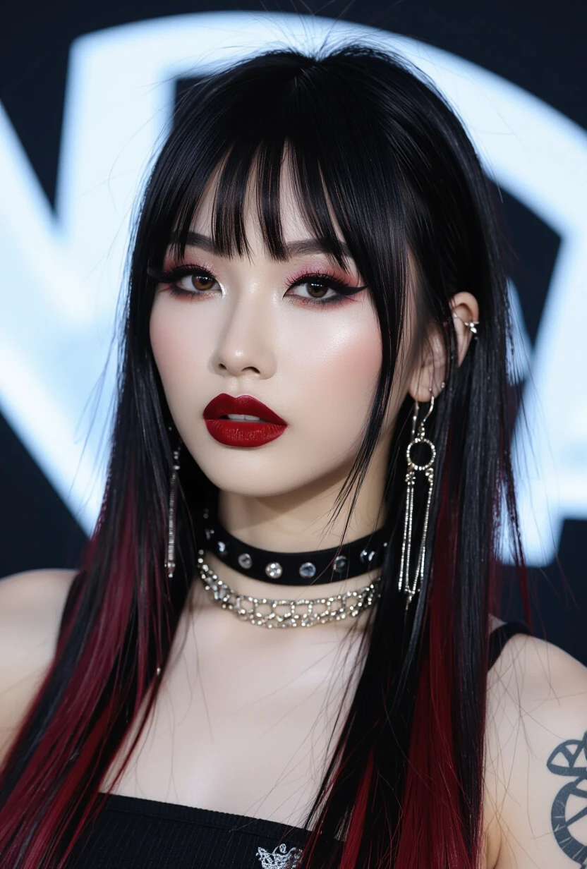 closeup portrait of an Asian goth woman, messy straight-cut long hair, bangs, multi-tone hair (black with red and blue highlights), long earrings, heavy make-up, red lips, dark…