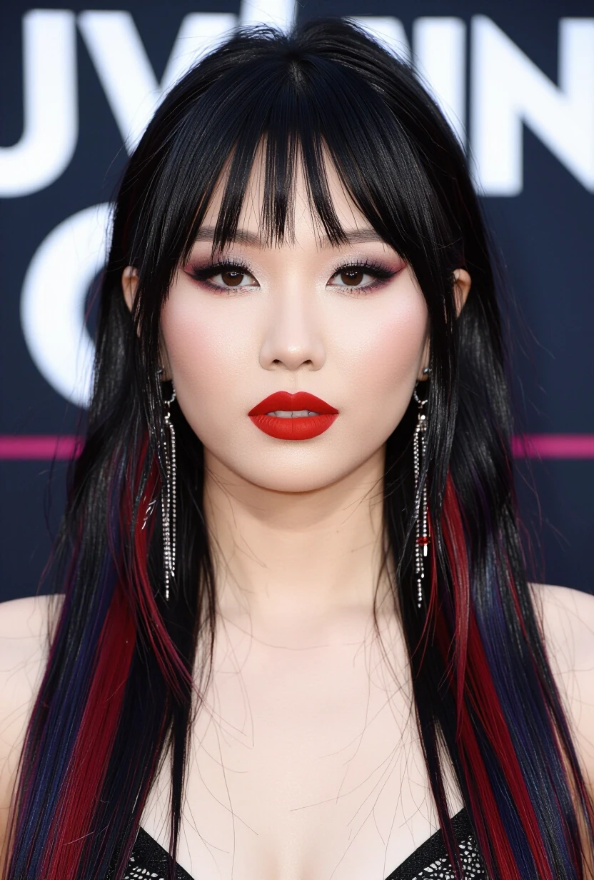 closeup portrait of an Asian goth woman, messy straight-cut long hair, bangs, multi-tone hair (black with red and blue highlights), long earrings, heavy make-up, red lips, dark…