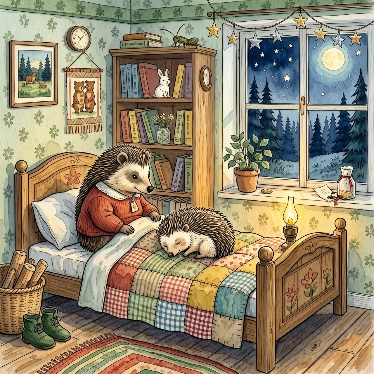 Иллюстрация к русской детской книге, техника многослойной акварели на фактурной бумаге яичная скорлупа. На переднем плане в уютной кроватке, укрытый лоскутным одеялом, спит…