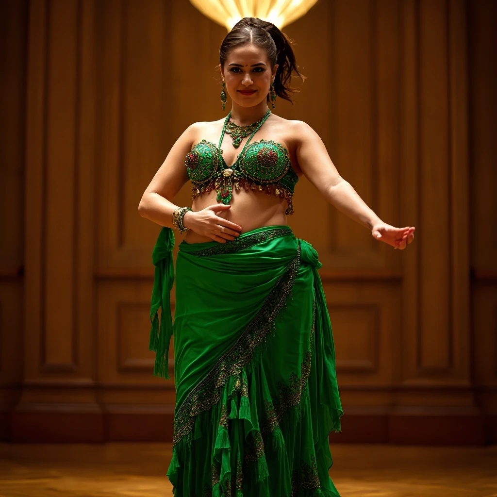 front view chubby belly dancer fifty years woman in green costume brown short ponytail hair stand in hall — работа пользователя Прекрасная Мантикора