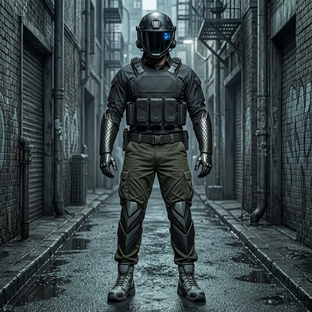 A full-body concept art of a sci-fi military operative standing in a dark cyberpunk alley, precise symmetry. He is wearing a realistic dark tactical combat shirt and loose…