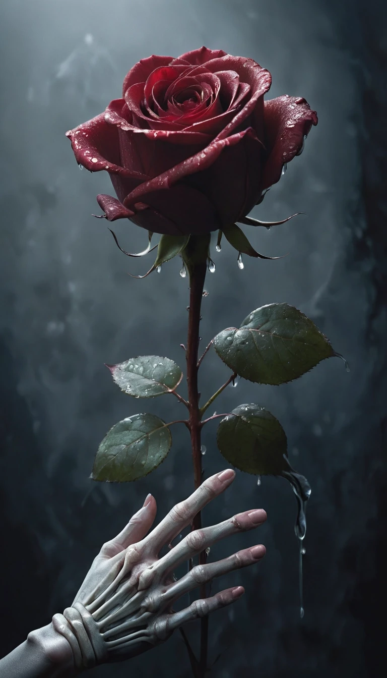 Masterpiece. best quality. Epic. cinematic. Award winning. Ultra detailed. dramatic. attention-grabbing. challenge winning. A skeletal hand delicately holds a single, perfect…