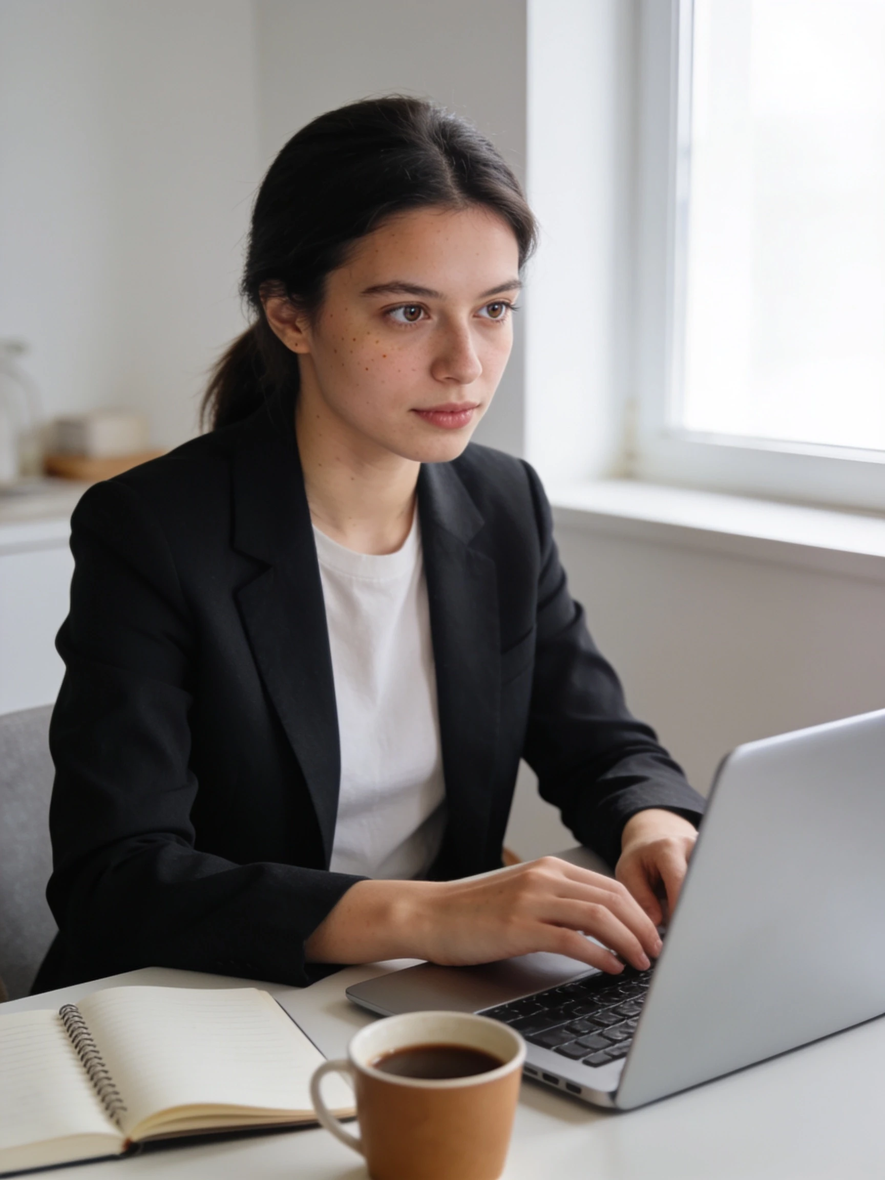 Photorealistic commercial stock photograph of a young professional woman working remotely in a bright minimalist home office, sitting at a laptop beside a notebook and coffee…
