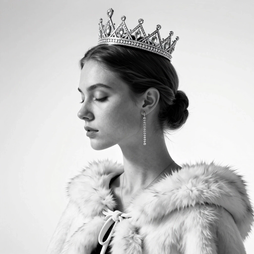 Тип изображения / стиль: фотореалистичный beauty-fashion портрет, студийный high-key ч/б, “royal queen / crown editorial”, минималистичный фон, мягкая киношная…