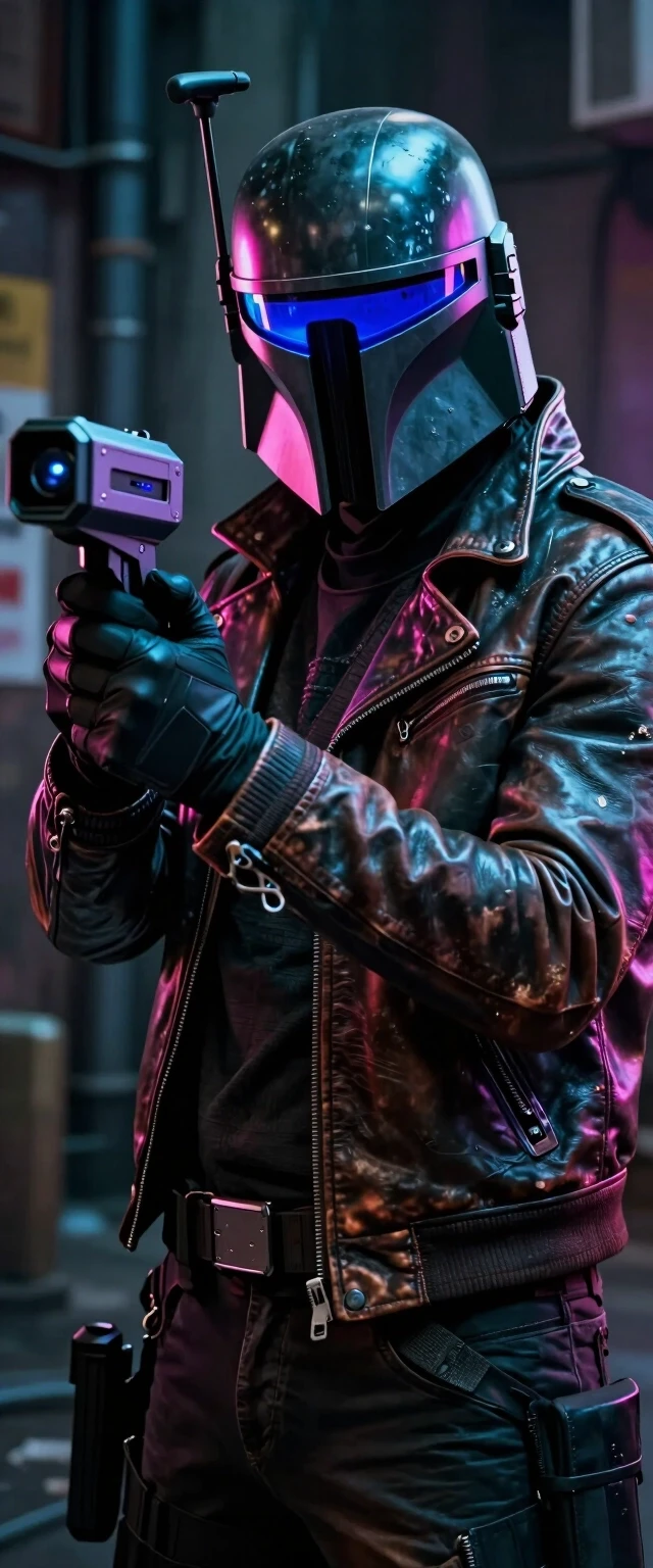 A cinematic shot of a futuristic bounty hunter, cyberpunk style, neon lighting, holding a high-tech tracking device, wearing a weathered leather jacket and a glowing visor, dark…