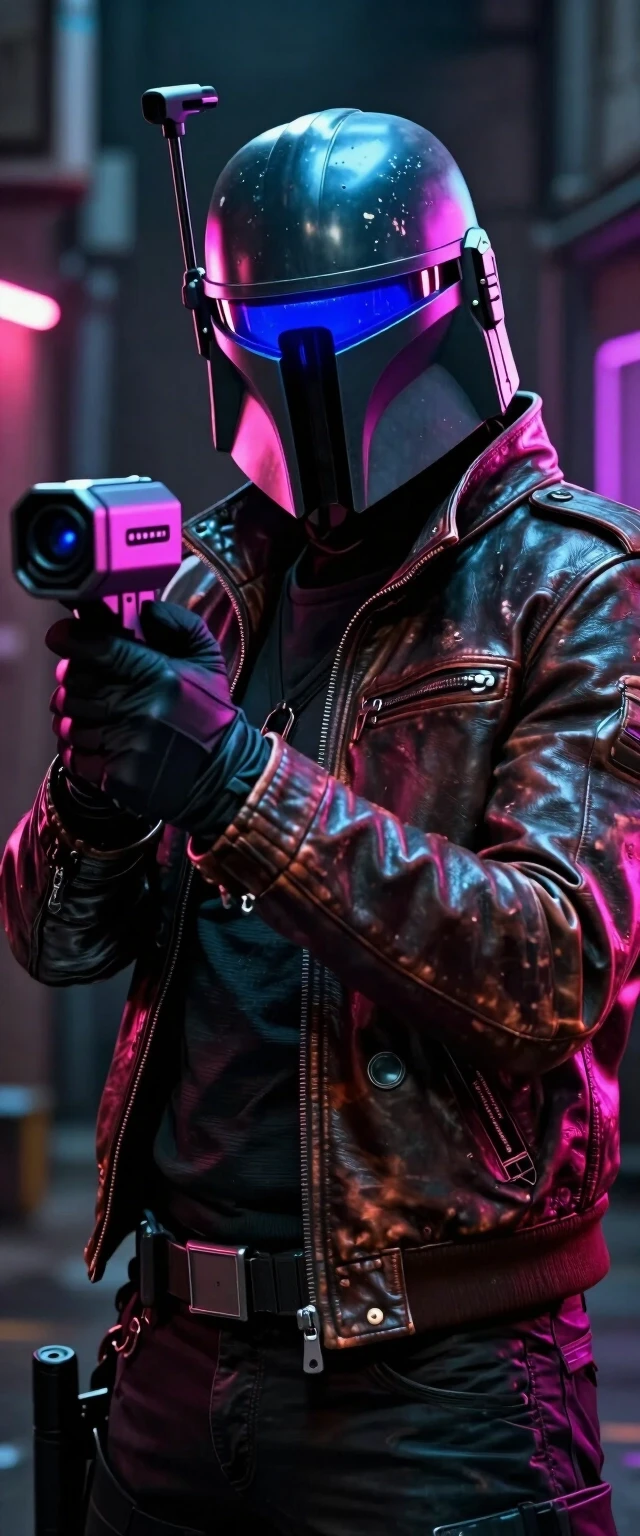 A cinematic shot of a futuristic bounty hunter, cyberpunk style, neon lighting, holding a high-tech tracking device, wearing a weathered leather jacket and a glowing visor, dark…