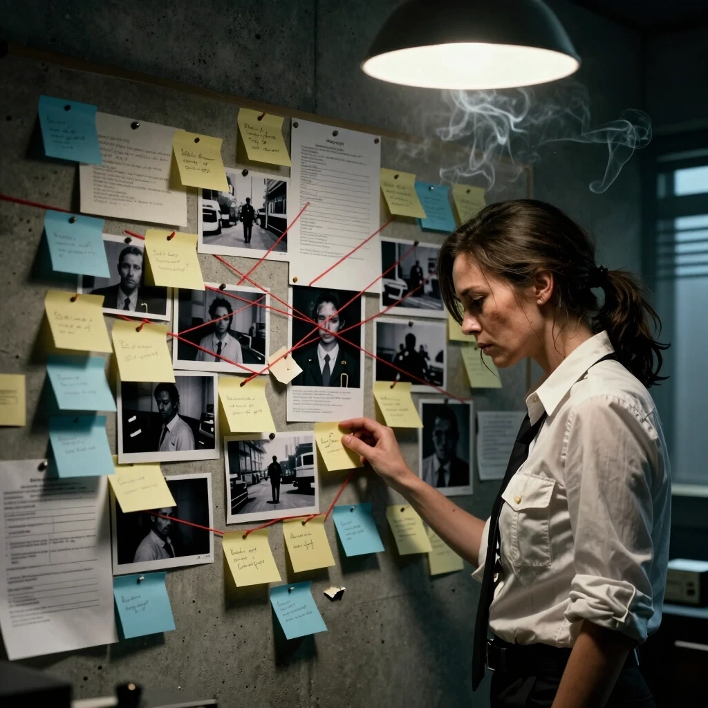 Prompt: A cinematic, high-detail realistic wide shot, 8k RAW. A grim investigator's office with a massive grey concrete wall serving as a chaotic evidence board. The wall is…