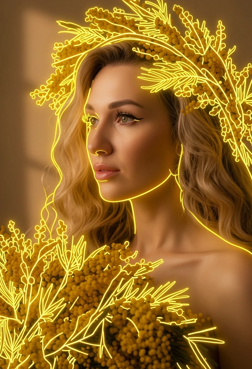 Detailed photo of the girl, with a few minimal 8mm yellow LED neon lines running smoothly strictly along the contours of the mimosa flower wreath and bouquet. Continuous long…