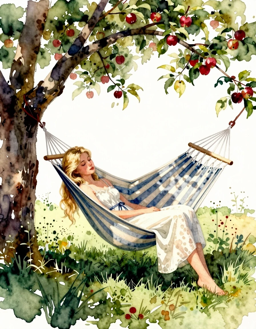 A masterpiece. Create an image. Watercolor painting style: ((Beautiful blonde girl):1.6 dozing in a hammock under the apple trees in the garden):1.6, clear edges, clear…