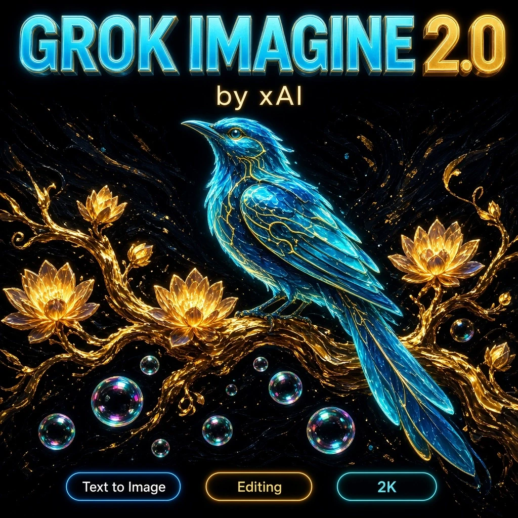 Anime oil painting. A luminous blue bird with translucent feathers perches gracefully on a glowing golden branch adorned with stylized blossoms that emit warm light from within…