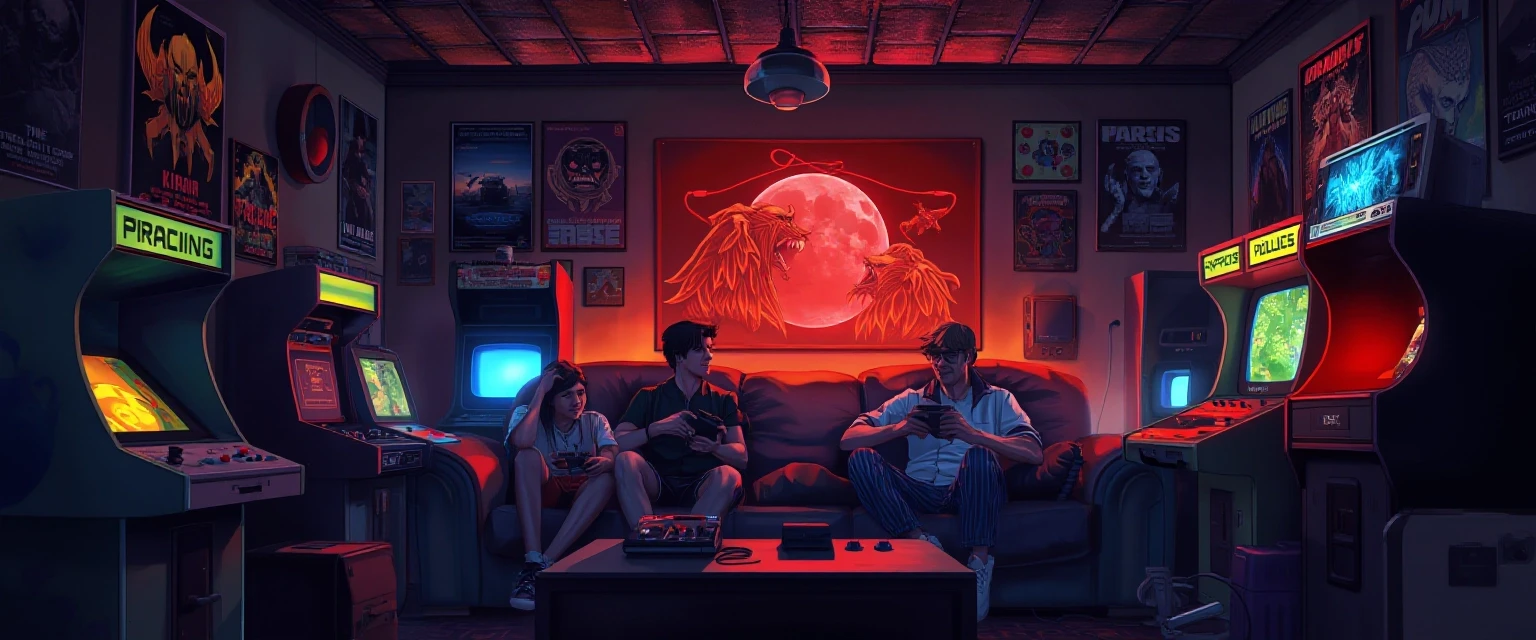 A cozy and vibrant wide illustration of a group of friends gaming together on a couch, surrounded by retro consoles, arcade machines, posters, and glowing monitors. Warm ambient…
