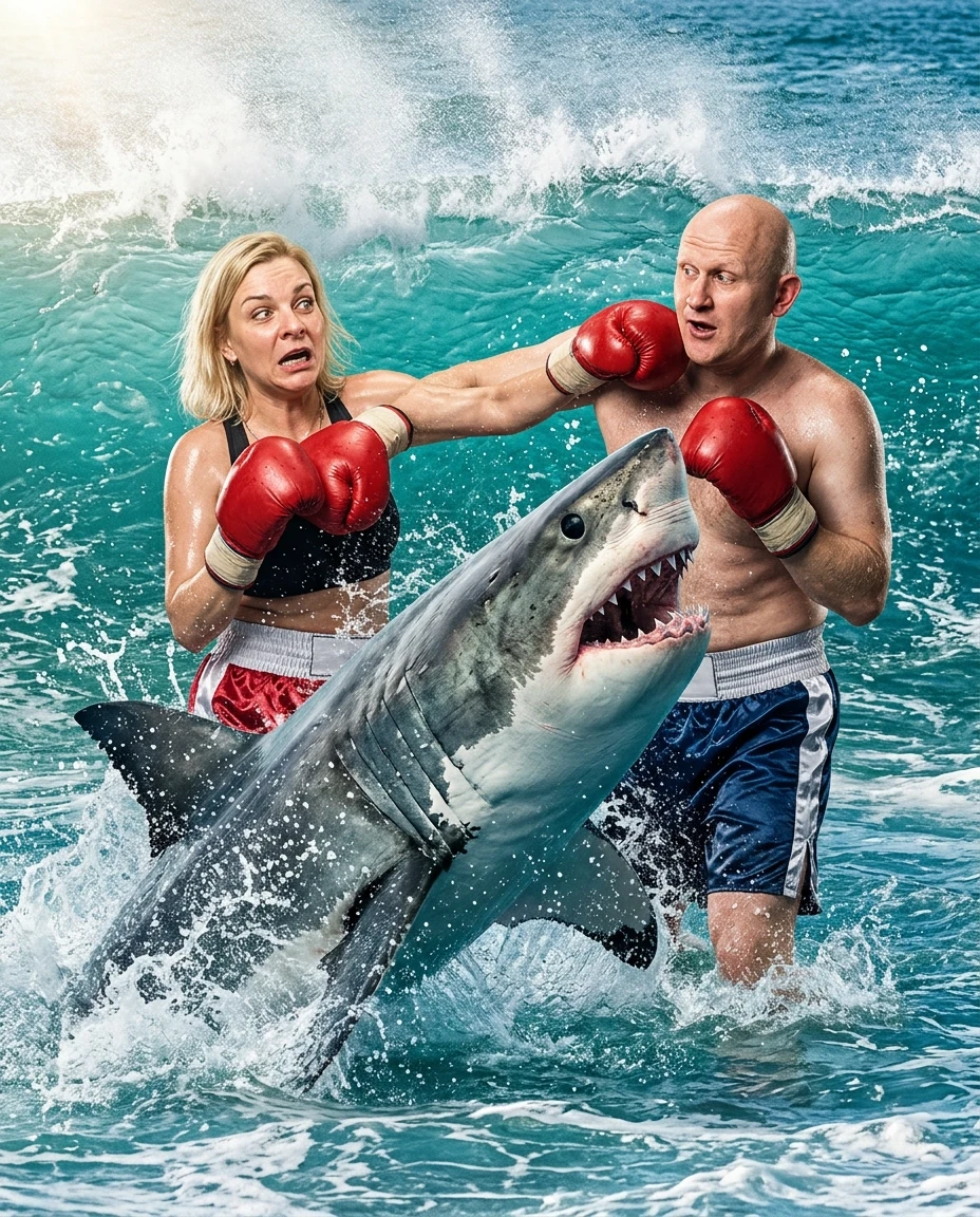 A comical and surreal cinematic shot of a man and a woman, both depicted as professional boxers in full boxing gear—including padded gloves, satin trunks, and hand wraps—engaged…