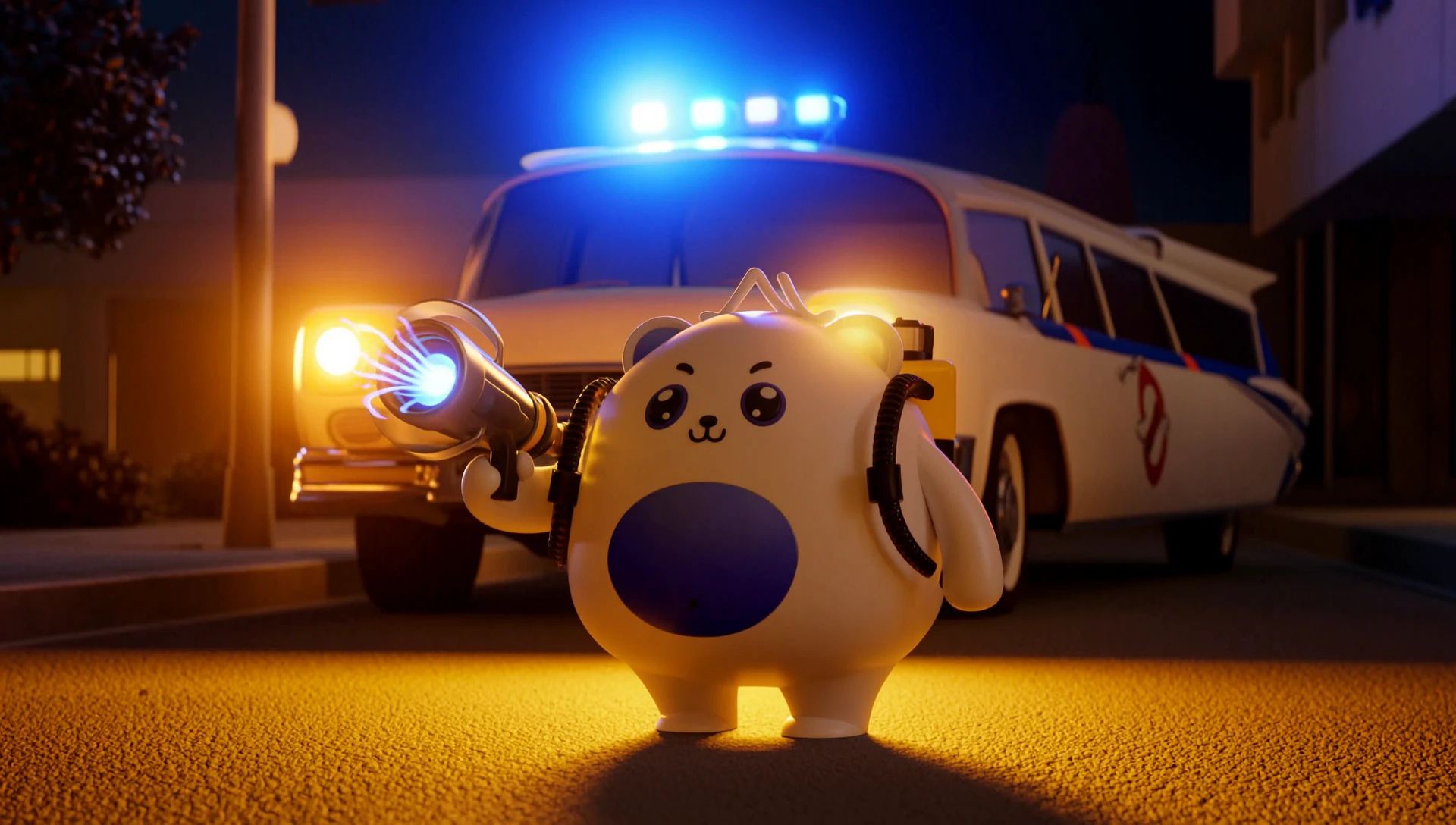 Сделай персонажем Ghostbusters. В руке держит протонное ружьё. На заднем плане Ecto-1 (эктомобиль) — работа пользователя Яркая Гроза