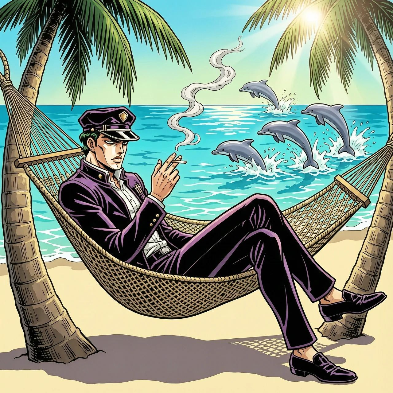 Jotaro Kujo from JoJo's Bizarre Adventure, holding a lit cigarette with a thin trail of stylized smoke, lounging relaxed in a detailed woven tropical hammock suspended…