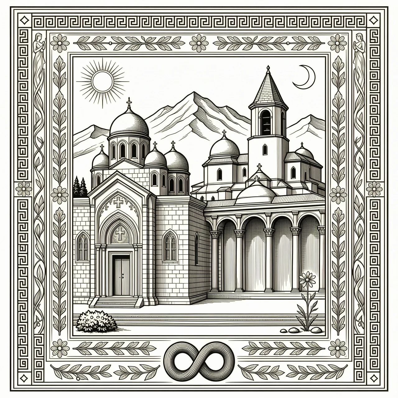 Engraving for a headstone, black and white line art, high contrast. A composite image where the Saint Gayane Church and the Tatev Monastery are intertwined seamlessly. The…