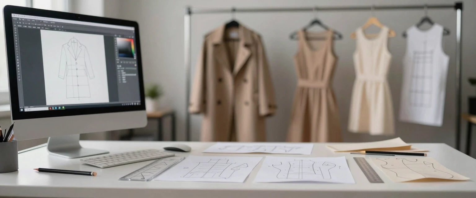 Photorealistic, frontal view of a clothing pattern design bureau. Foreground: a matte white desk with neatly arranged paper sewing patterns, transparent plastic drafting rulers…