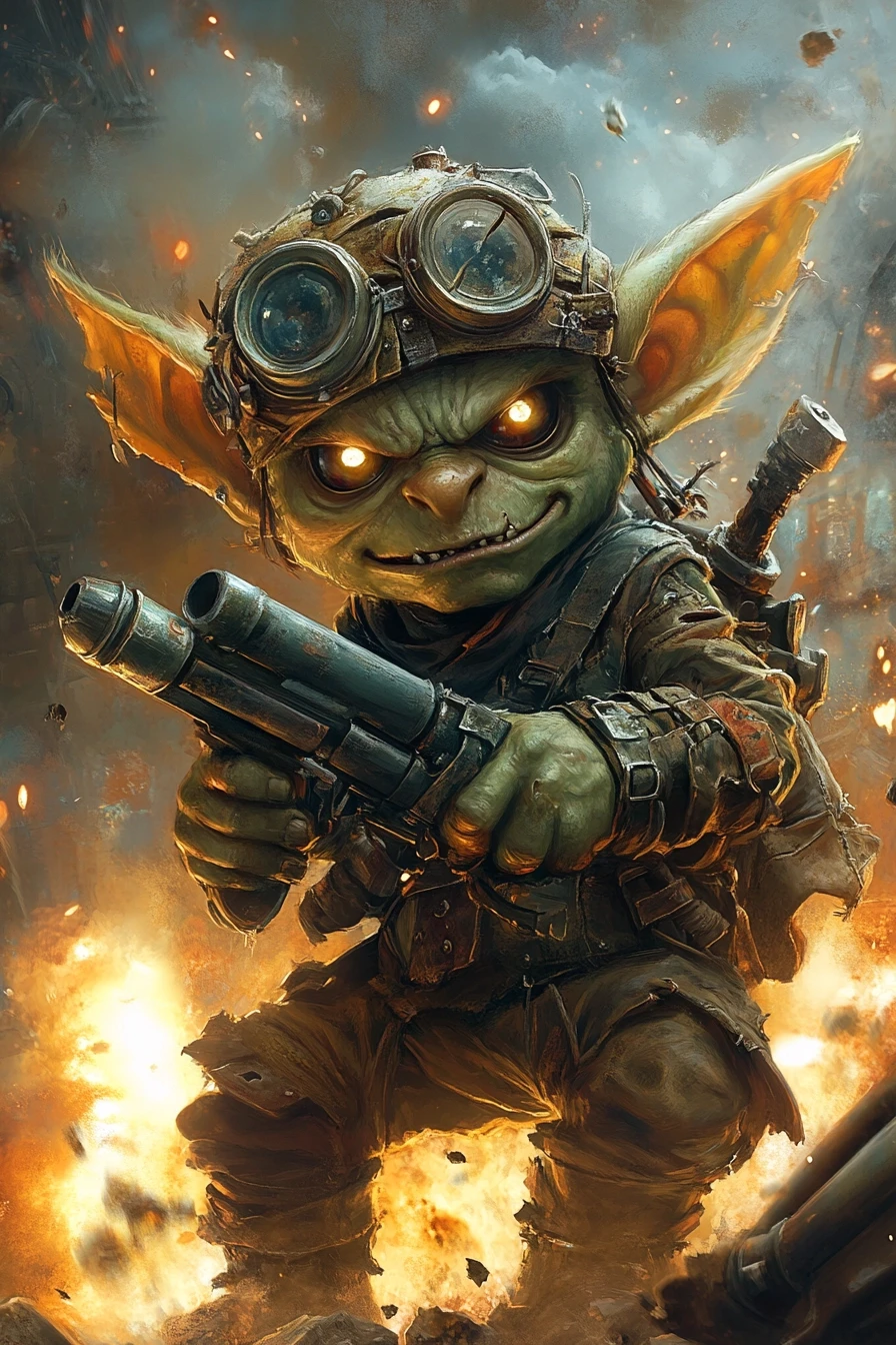 Fantasy character portrait, male goblin, green skin, tiny, shaking hands, wide crazy eyes, covered in soot, wearing scrap metal helmet, holding a homemade rocket launcher,…