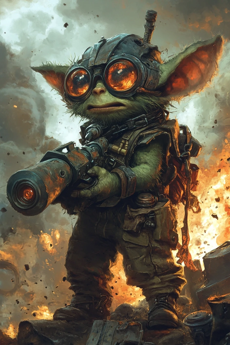Fantasy character portrait, male goblin, green skin, tiny, shaking hands, wide crazy eyes, covered in soot, wearing scrap metal helmet, holding a homemade rocket launcher,…