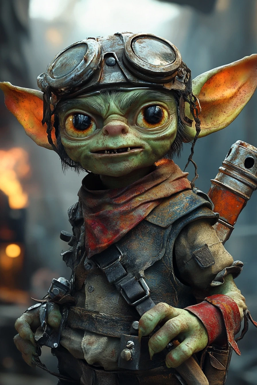 Fantasy character portrait, male goblin, green skin, tiny, shaking hands, wide crazy eyes, covered in soot, wearing scrap metal helmet, holding a homemade rocket launcher,…
