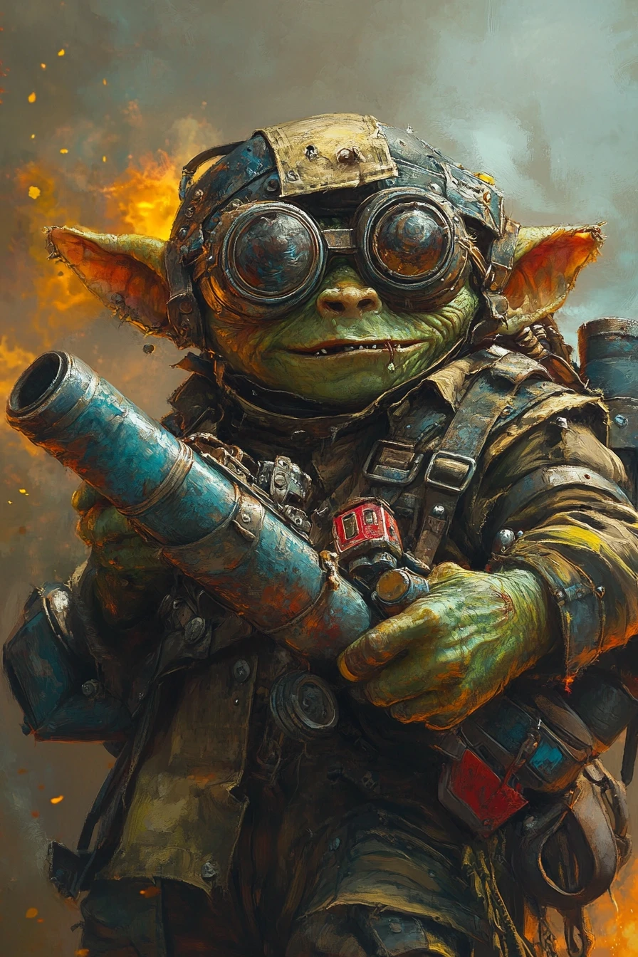 Fantasy character portrait, male goblin, green skin, tiny, shaking hands, wide crazy eyes, covered in soot, wearing scrap metal helmet, holding a homemade rocket launcher,…