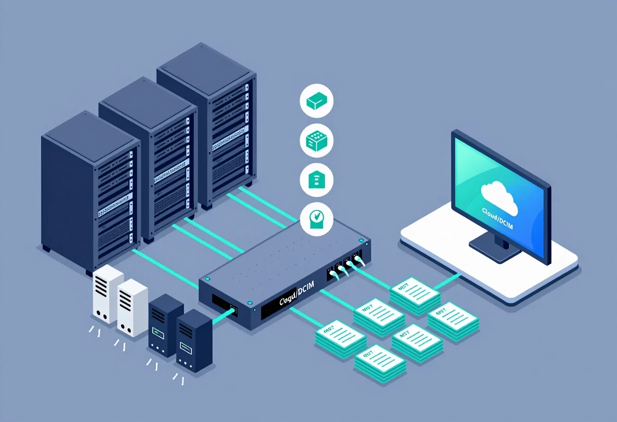 Isometric vector illustration of data center data collection architecture. Left side: server racks, chillers, UPS, PDU units, and environmental sensors emitting small data…