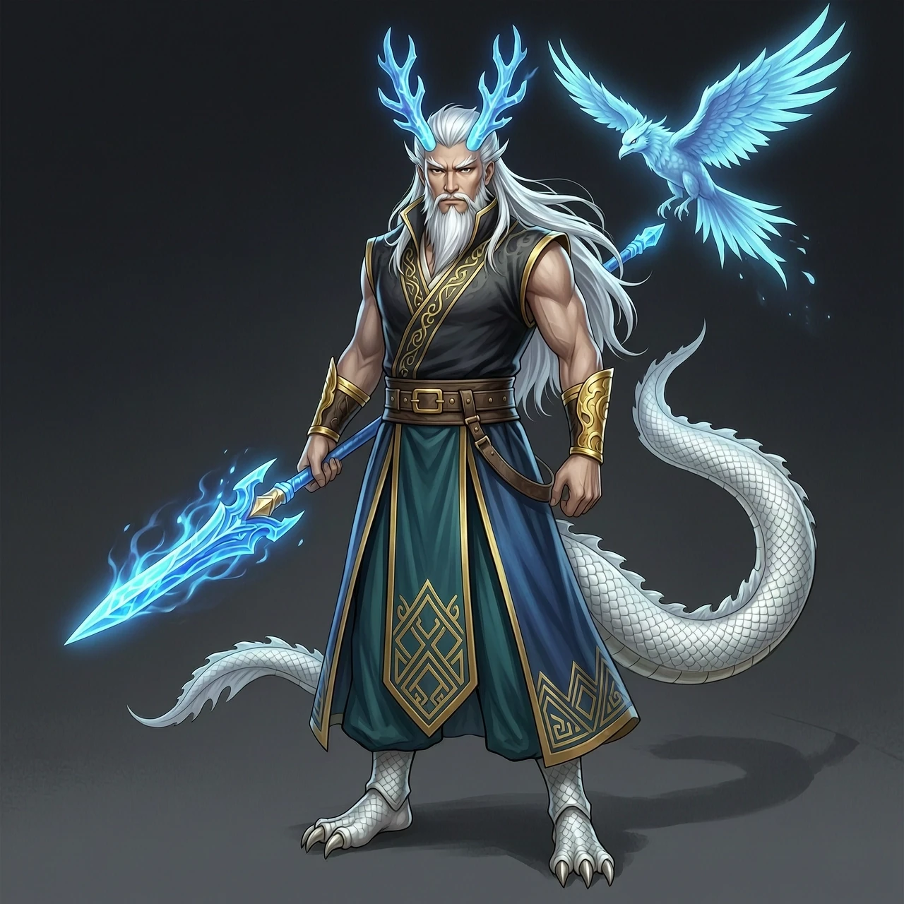 A majestic male character, human form of a Chinese dragon. Mature male face with sharp features, strong jawline, stern expression. Long flowing silver-white hair, snow-white…