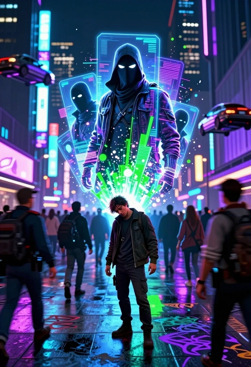 High-energy futuristic street scene at night. In the middle of a crowded neon plaza, a holographic projection of a notorious figure flickers and splits into multiple streams of…