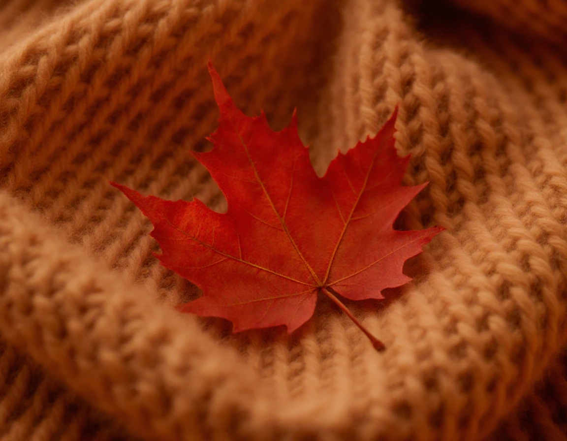 Prompt: Extreme macro photography of a thick, chunky knit merino wool fabric in warm camel color. A single, perfectly preserved, vibrant red autumn leaf is resting gently on the…