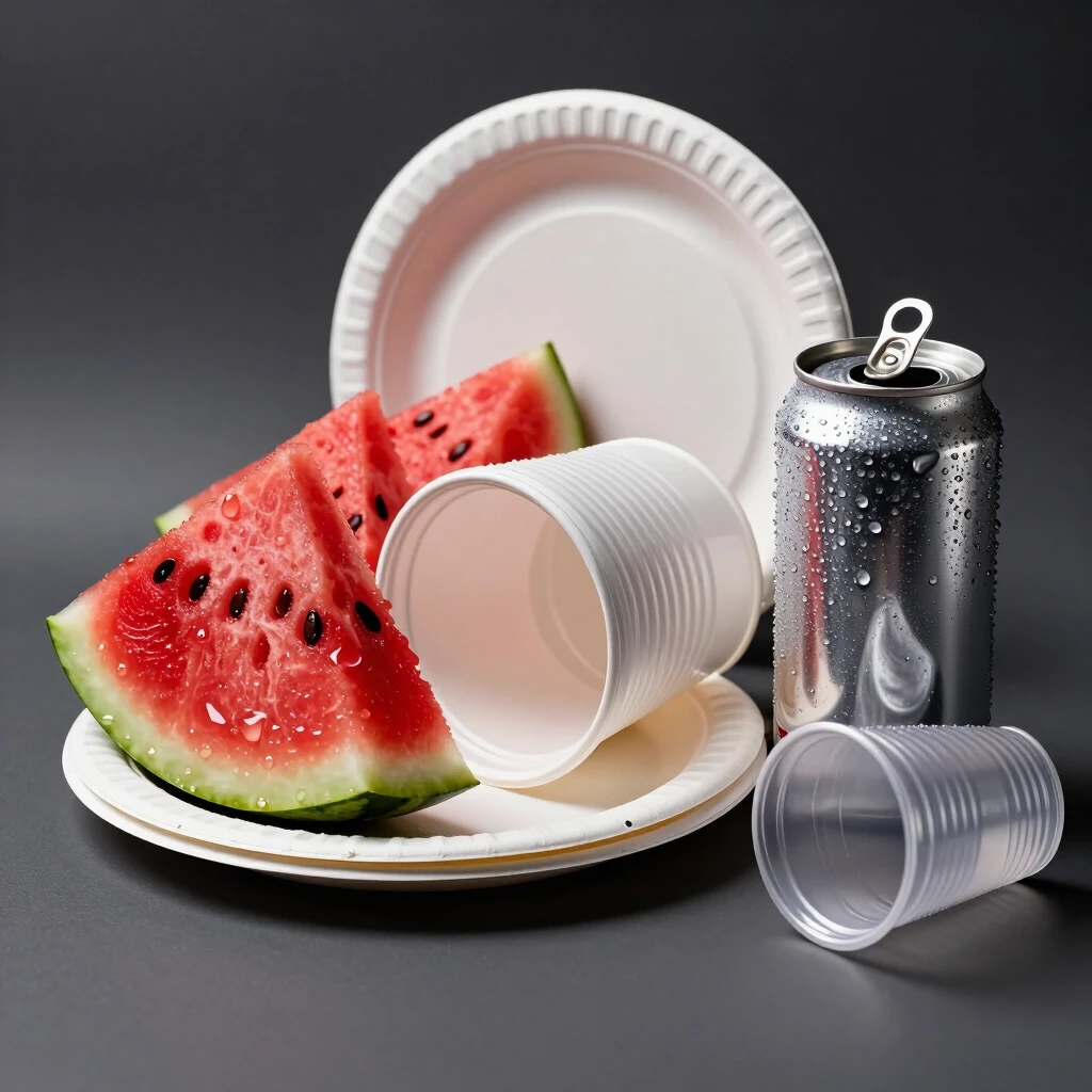 A studio arrangement of giant picnic objects isolated on a plain dark grey background. A slice of red watermelon with visible black seeds and glistening wet juice droplets sits…