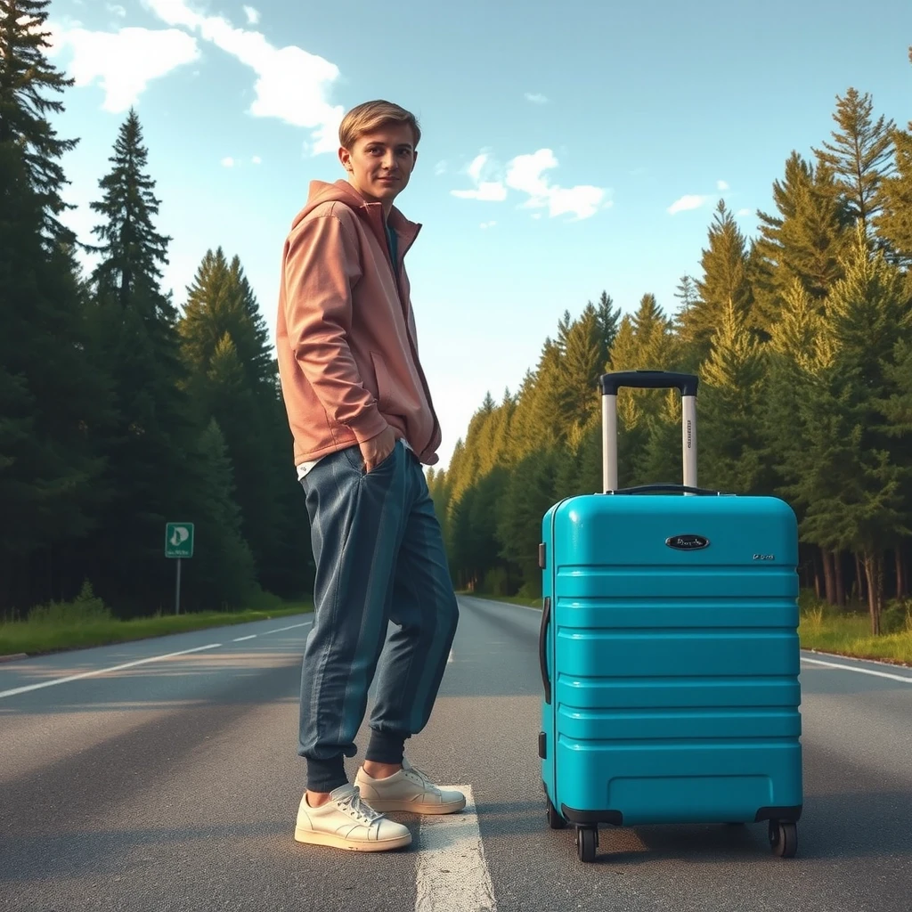 A mystical illustration of a handsome young man in his 20s with blond hair and eyes standing on a highway in the middle of a pine forest. He's wearing striped pajama pants…