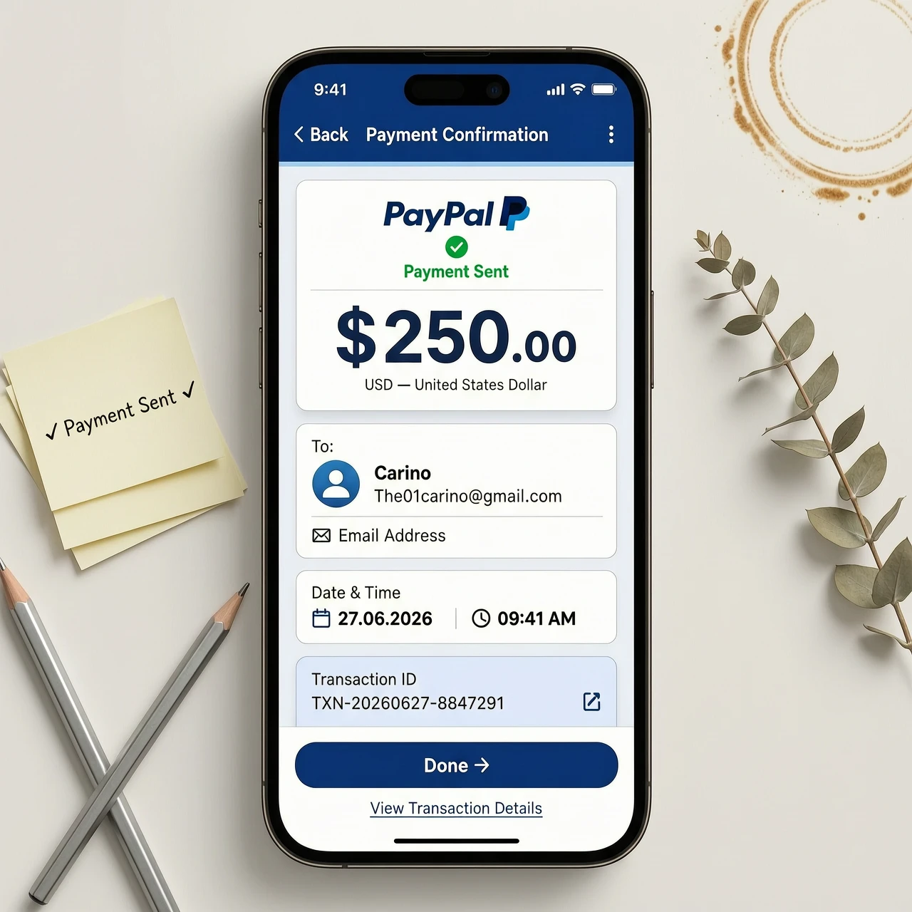 Generate an electronic transfer/bill for $250 in a mobile version of PayPal to The01carino@gmail.com on 27.06.2026 — работа пользователя Неповторимый Кристалл