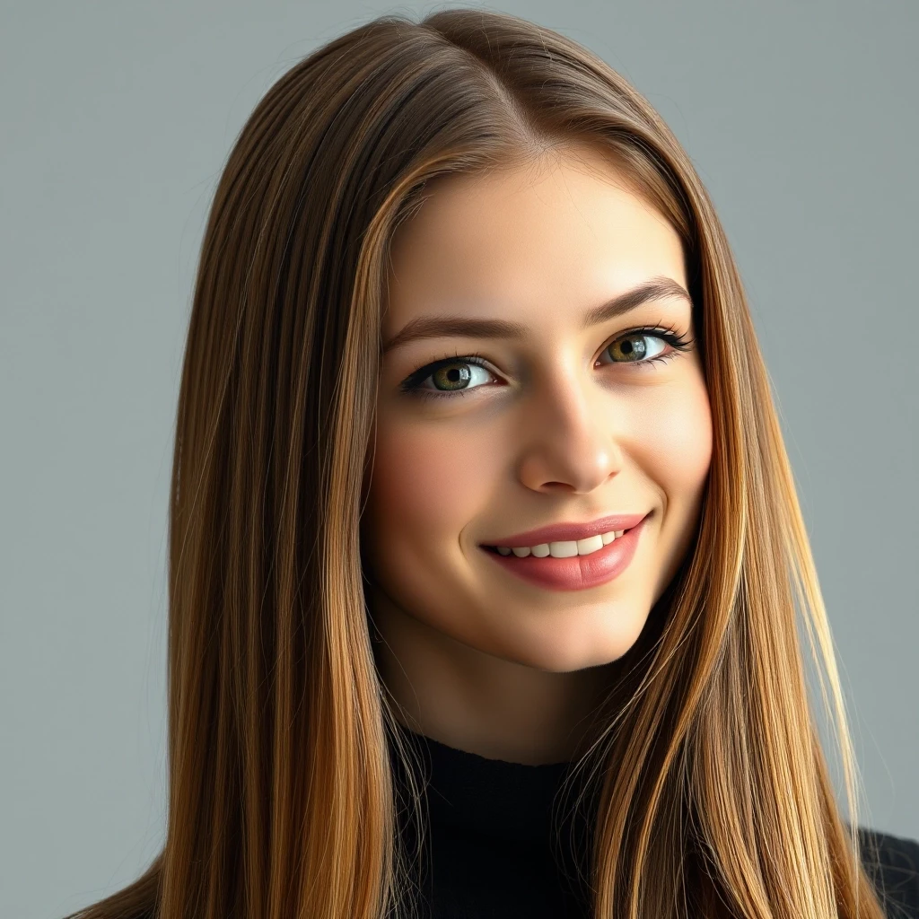 A hyper-realistic portrait of a young woman who is a hybrid of Alicia Vikander and the girl from the second photo. She has long, straight light-brown hair, soft soulful eyes,…